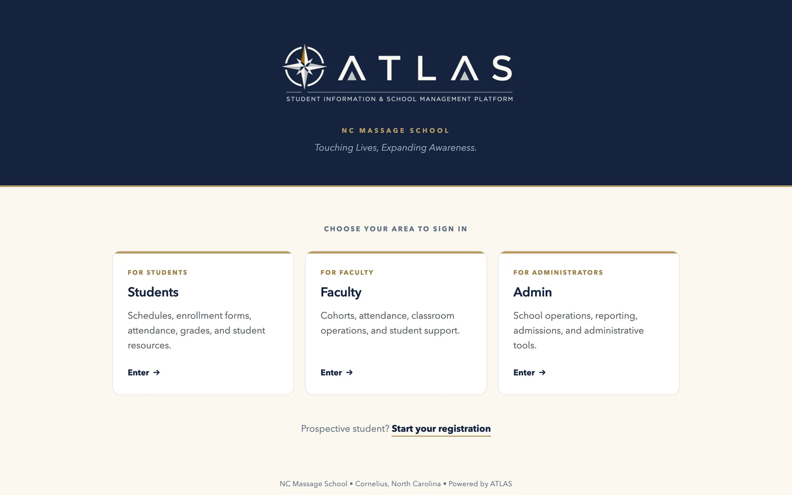 ATLAS branded landing page for students, faculty, and administration.