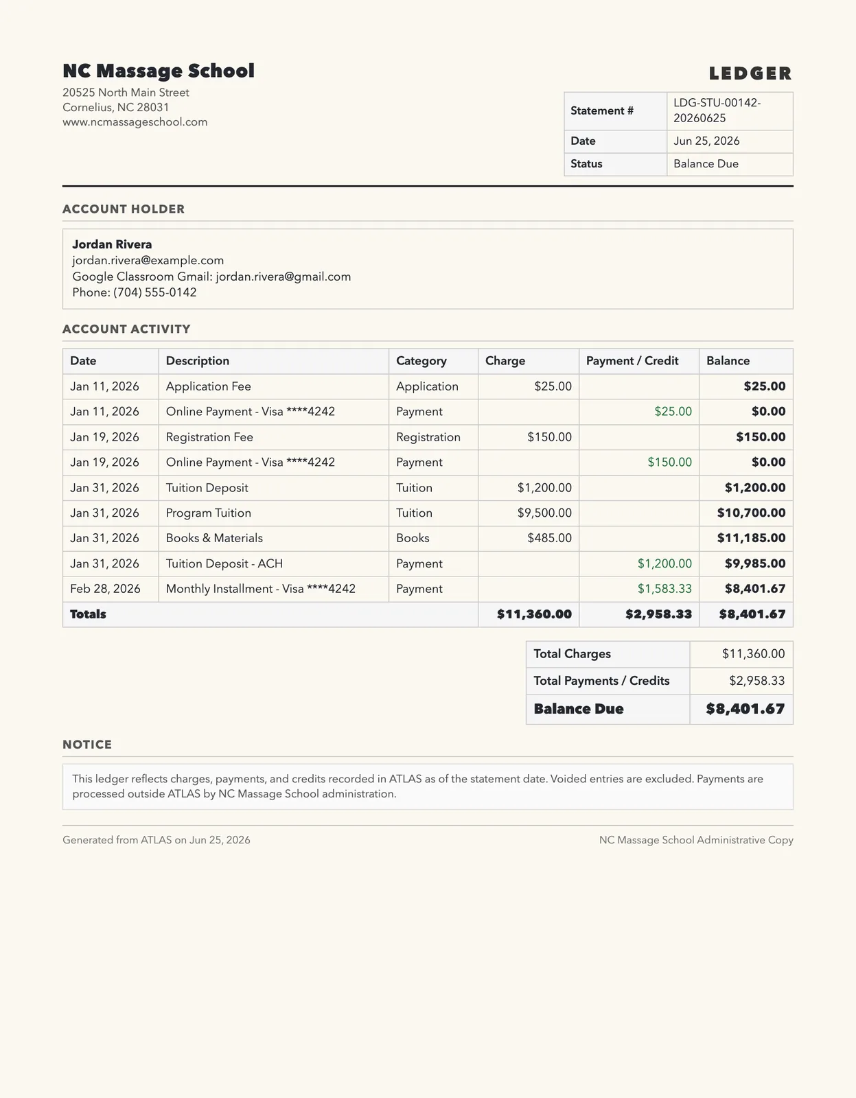 ATLAS printable student account ledger statement.