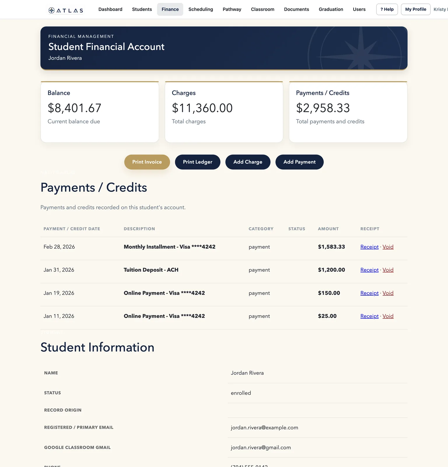 ATLAS student financial account showing charges, payments, and current balance.