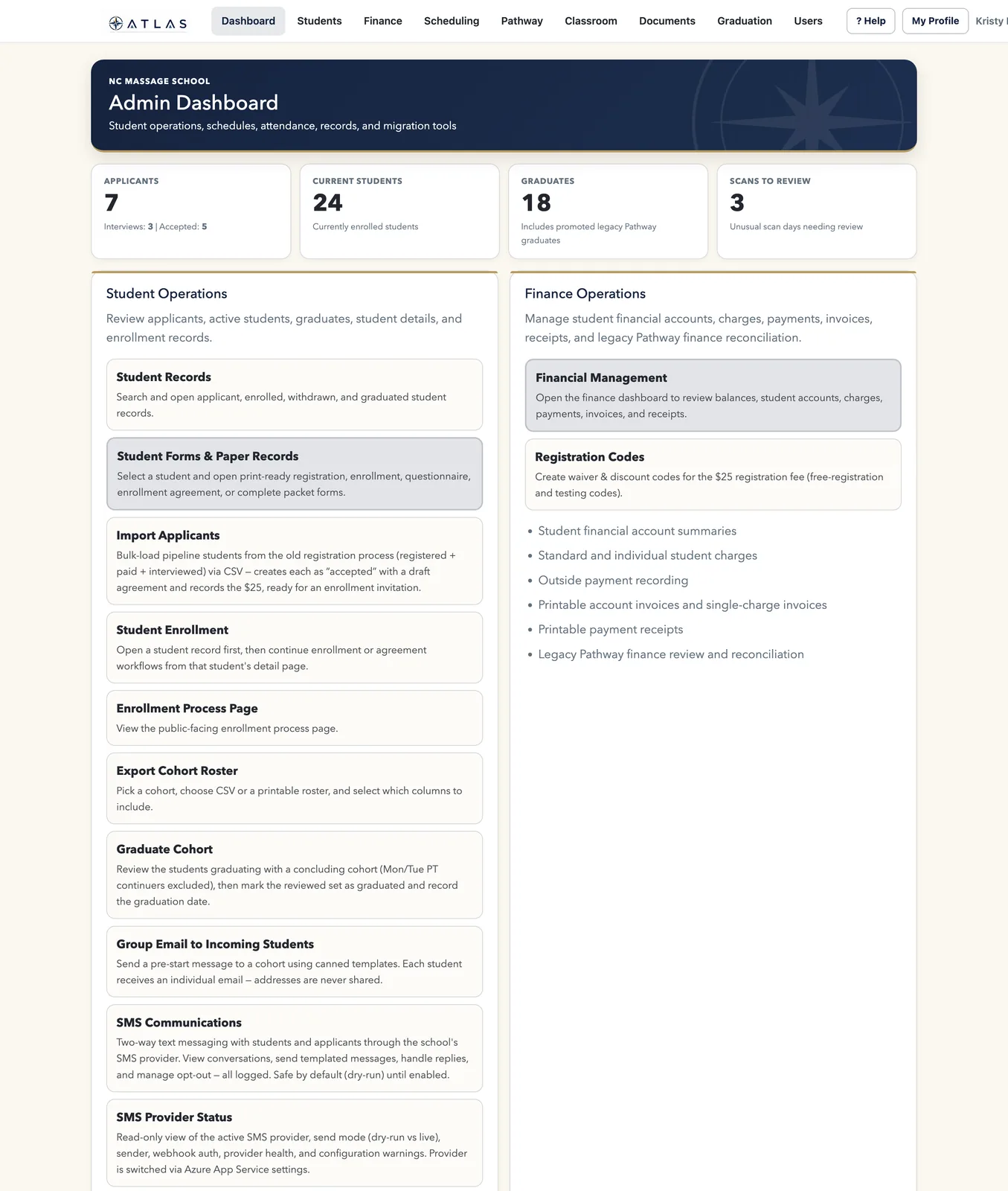ATLAS administrative dashboard showing enrollment, attendance, and operational summaries.