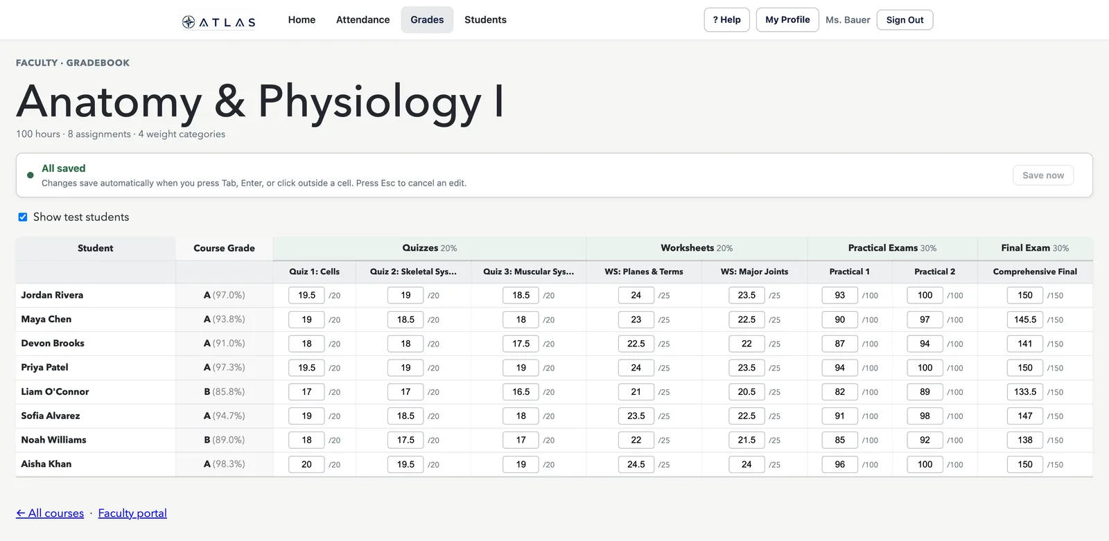 ATLAS faculty gradebook with weighted categories and automatically computed grades.