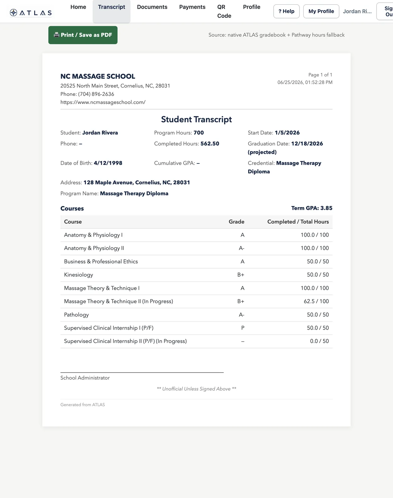 ATLAS student transcript listing official grades and clock hours, ready to export.