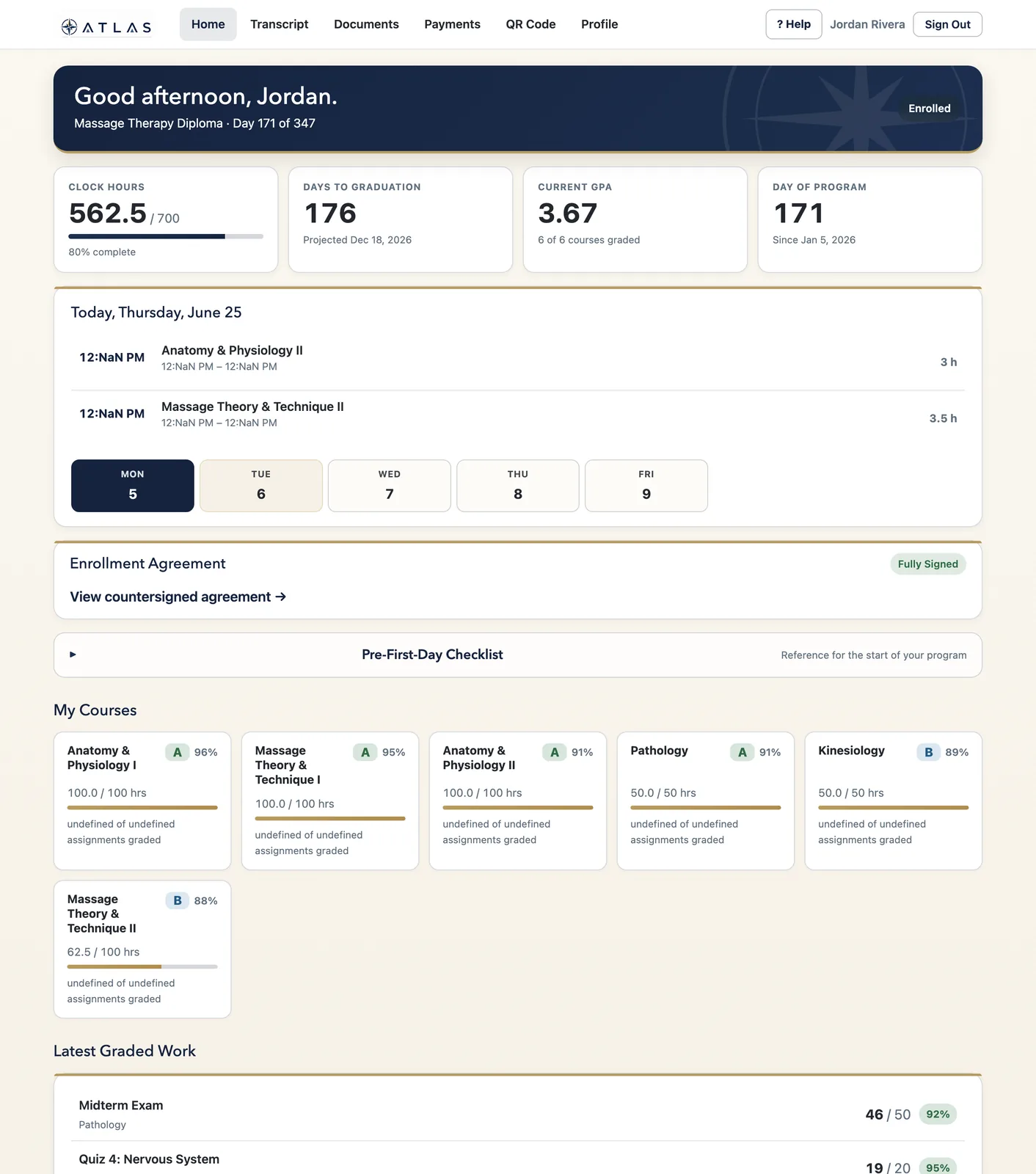 ATLAS student portal home showing clock hours, GPA, schedule, and course progress.
