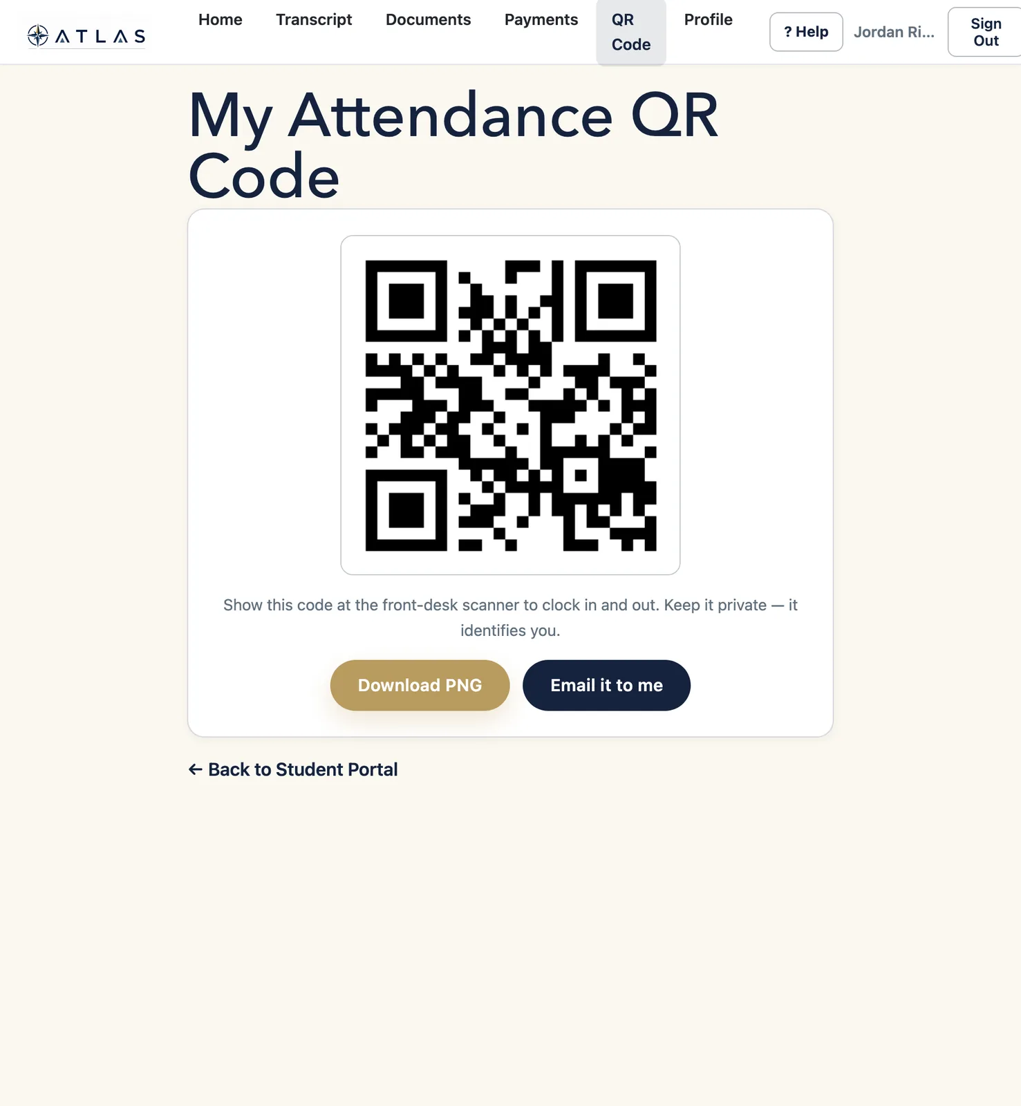 ATLAS attendance QR code used for student clock-in and clock-out.