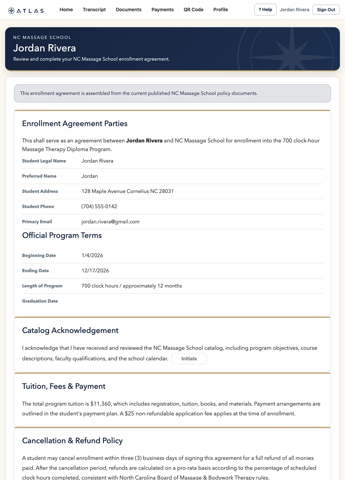ATLAS paperless enrollment agreement with e-signature.