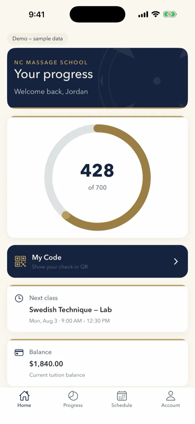 ATLAS Apprentice dashboard showing a student's program, cohort and today's focus.
