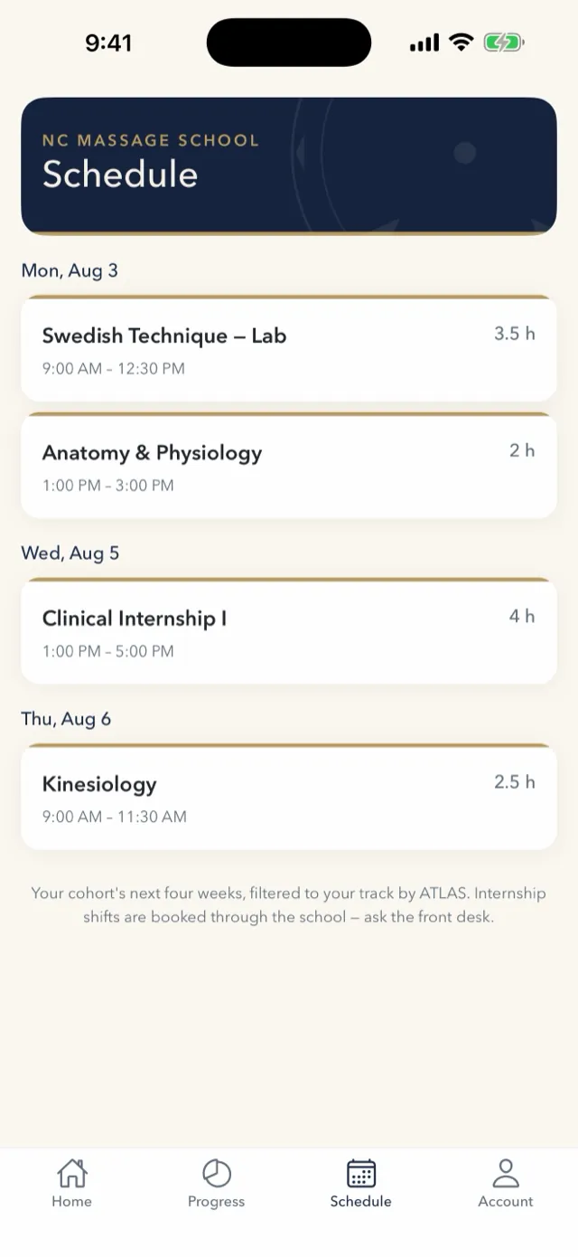 ATLAS Apprentice schedule screen listing upcoming class sessions.