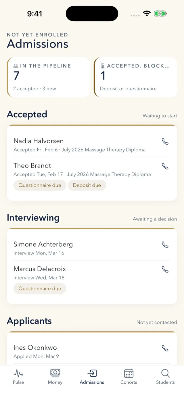 ATLAS Beacon admissions pipeline showing applicants, interviewing and accepted students with blockers.