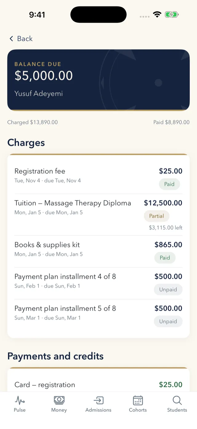 ATLAS Beacon student ledger showing charges, payments and the balance due.