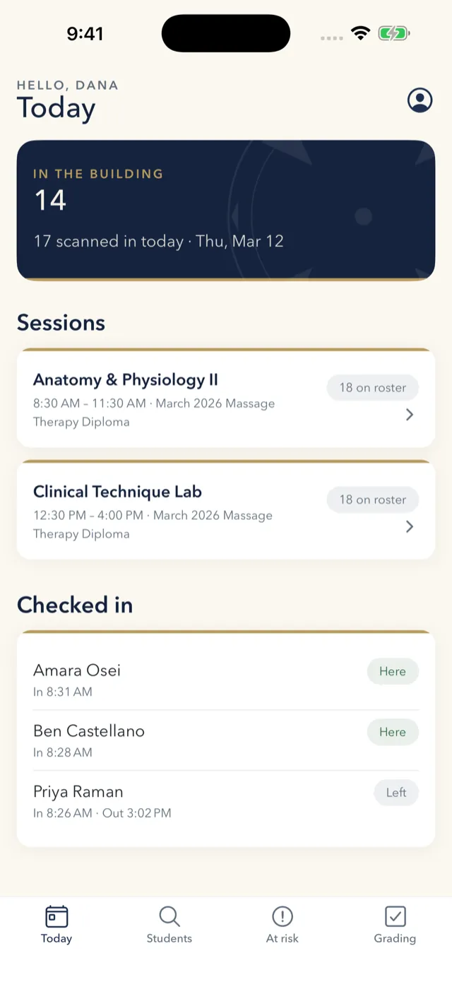 ATLAS Navigator Today screen showing today's sessions and a live count of students in the building.
