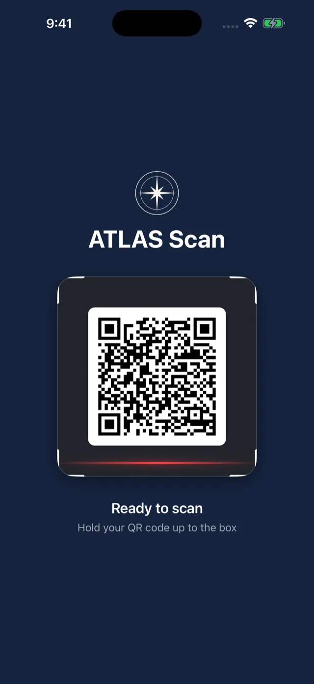 ATLAS Scan Kiosk idle screen reading Ready to scan, with a QR viewfinder.