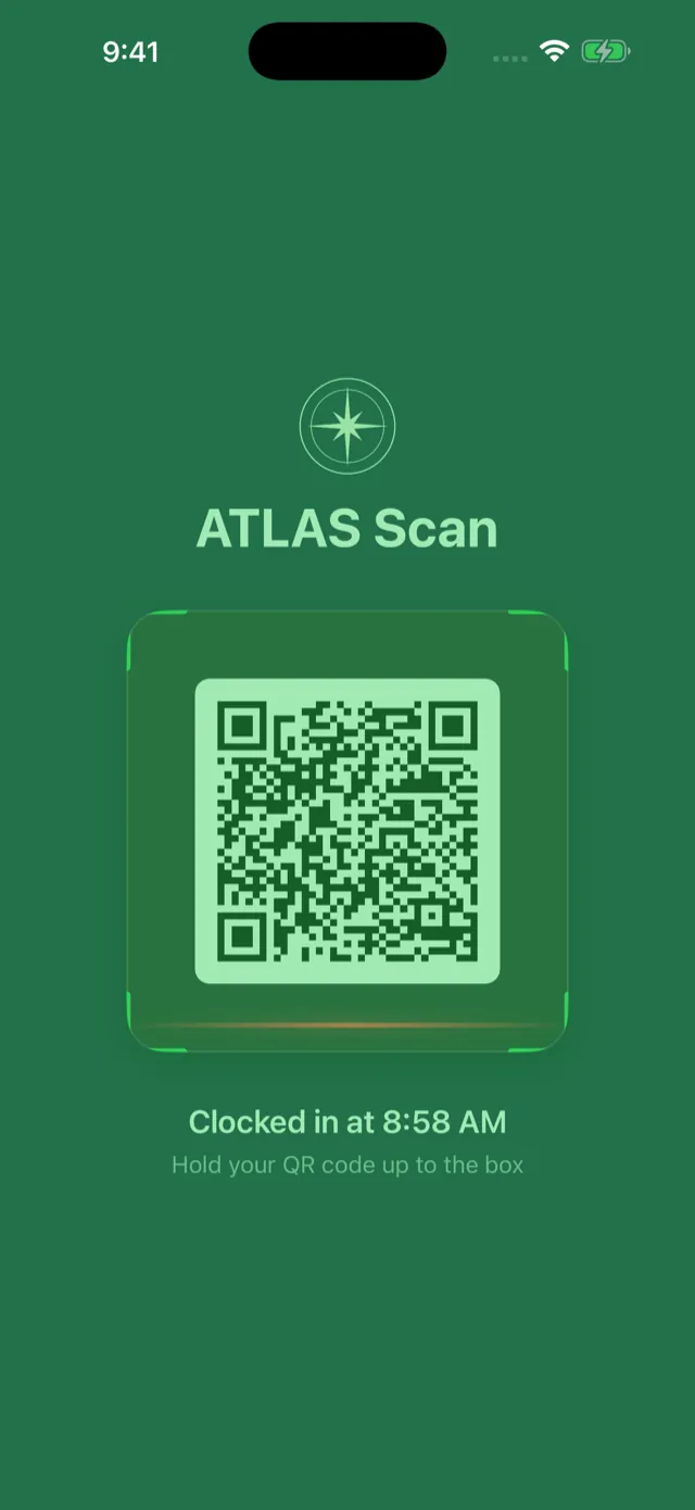ATLAS Scan Kiosk confirming a student clocked in, with a green confirmation.