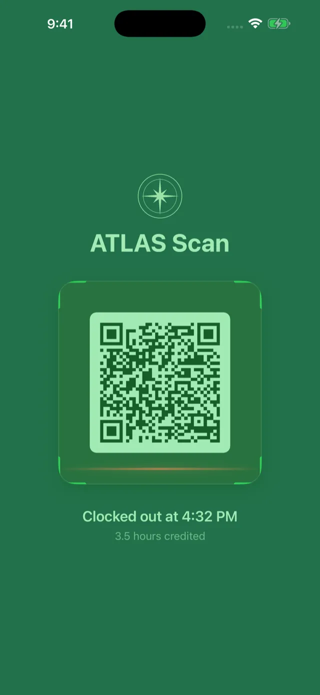 ATLAS Scan Kiosk confirming a student clocked out with hours credited.